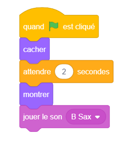 Ligne de codage. Départ quand le drapeau vert est cliqué. Bloc apparence, cacher. Bloc de contrôle, attendre une seconde. Bloc apparence, montrer. Bloc son, jouer le son « B » Sax.