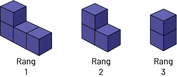 Suite non numérique à motif décroissant : Rang un, 4 cubes. Rang 2, 3 cubes. Rang 3, 2 cubes.