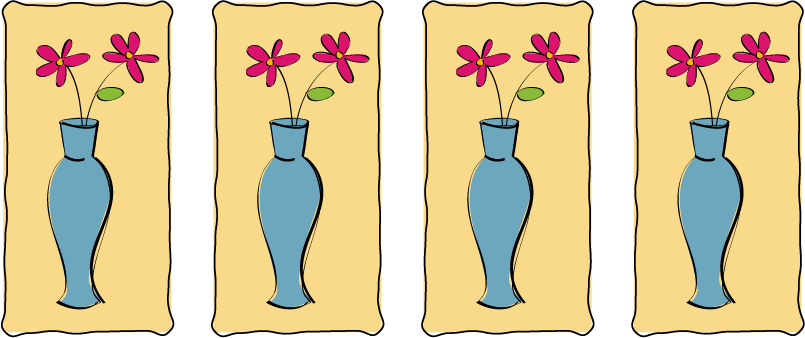 Quatre illustrations identiques sont placées côte à côte. Il s’agit d’un vase bleu contenant deux fleurs à pétales rouges.
